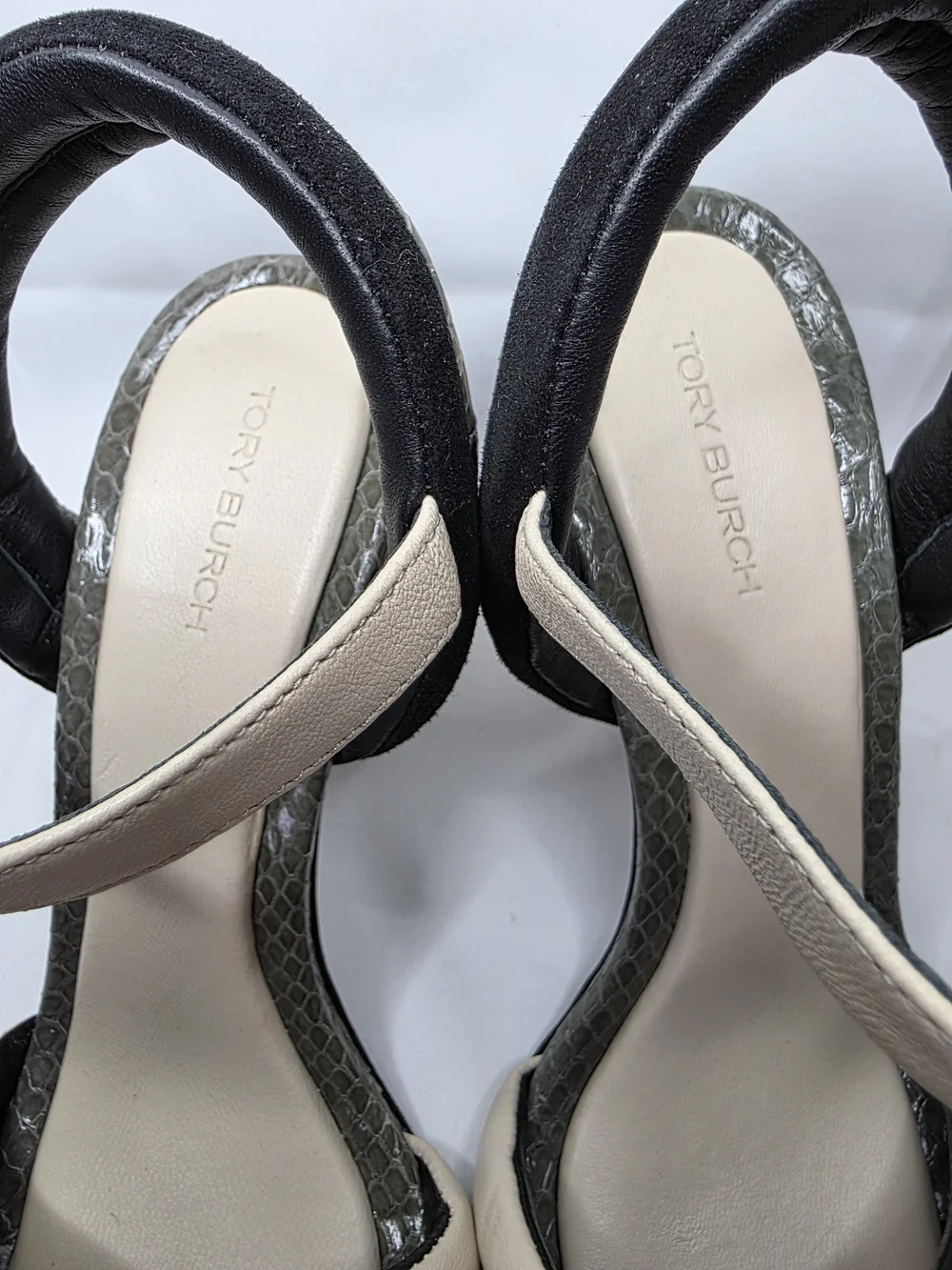 Tory Burch Black and Beige Ankle-Strap Heels with Gold Block Heel